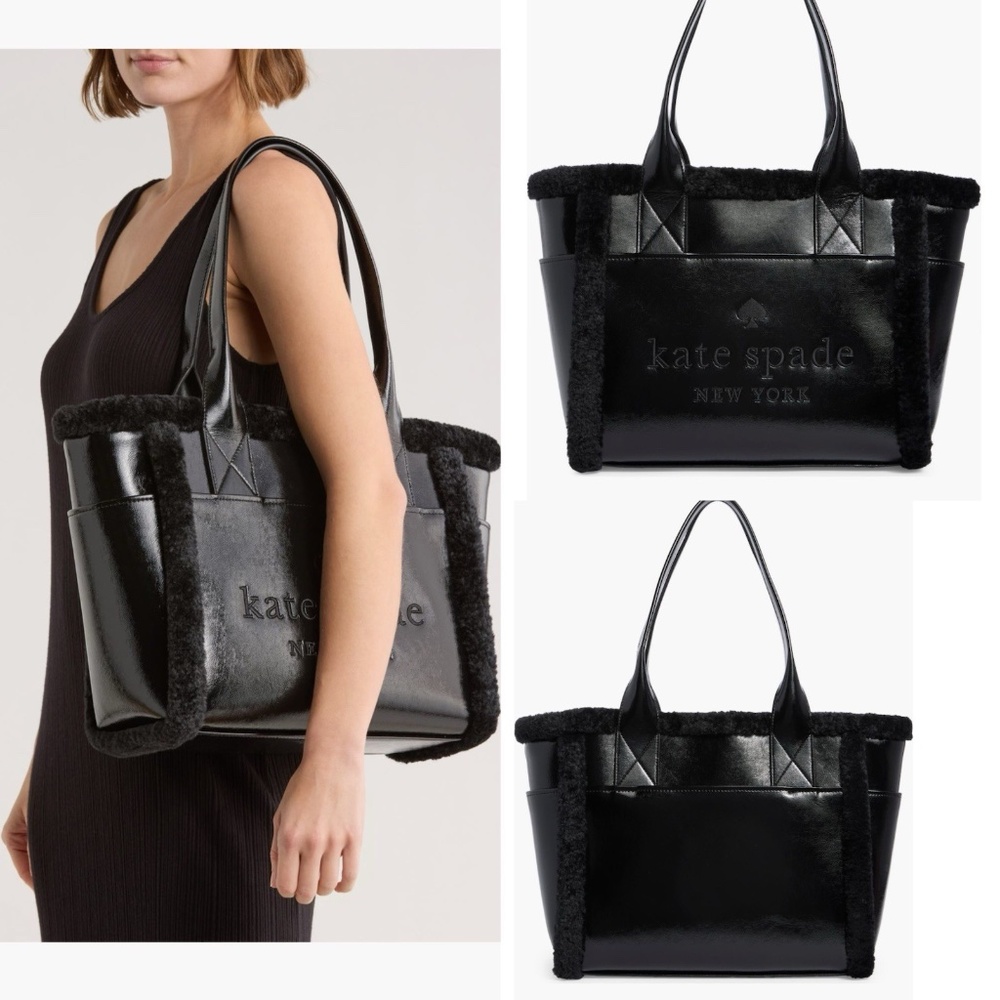 Kate Spade New York Jett Faux Shearling Tote Large Black Patent Leather NWT